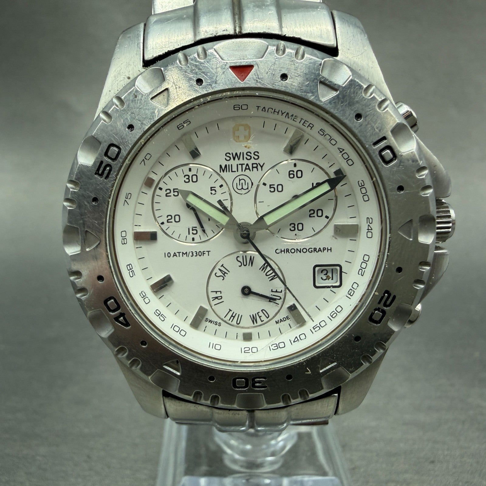 Swiss Military Chronograph Watch Men 40mm White Dial Steel Daydate 1587M PARTS0