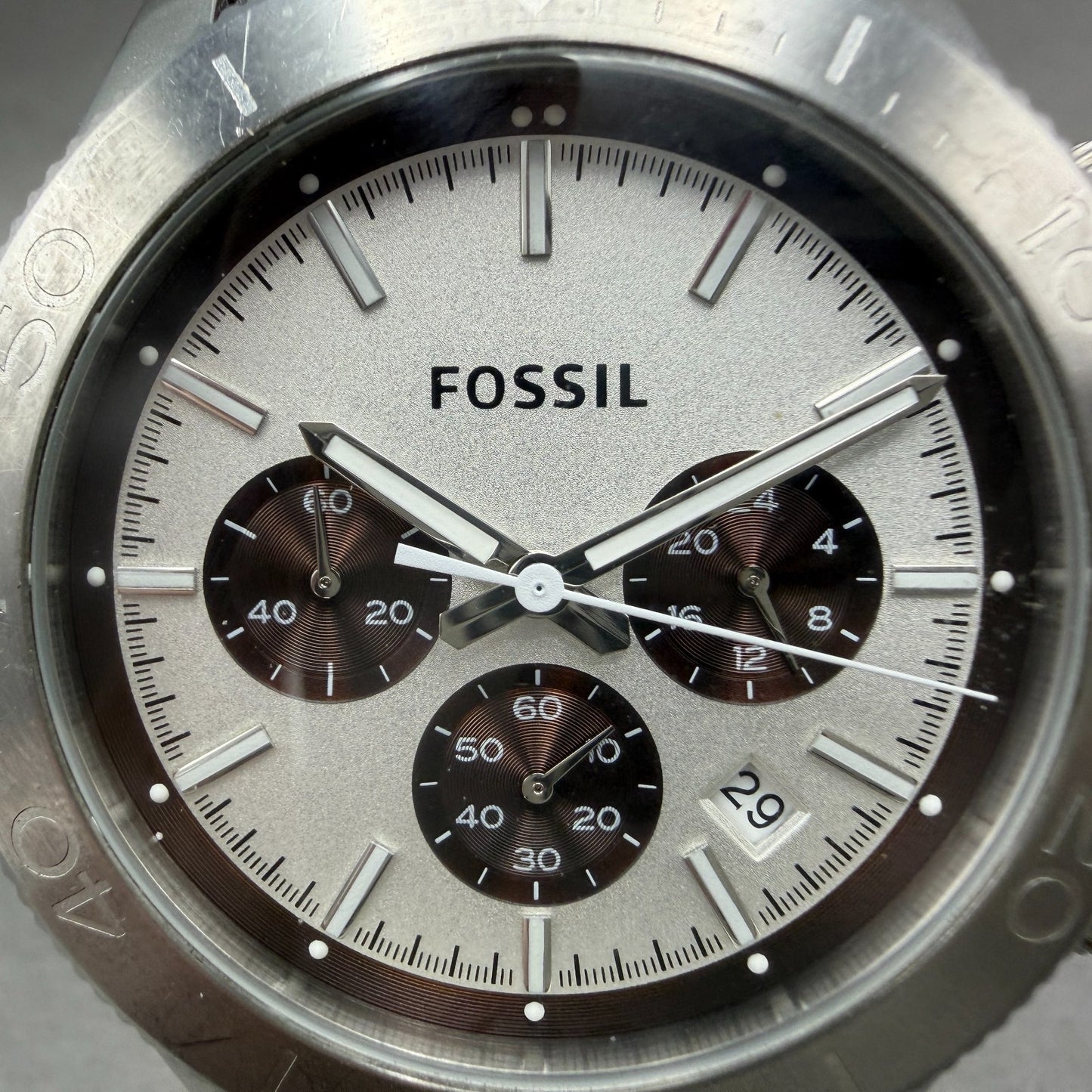 Fossil Chronograph Dive Watch Men White Dial Steel Date Round CH-2857 New Batt1