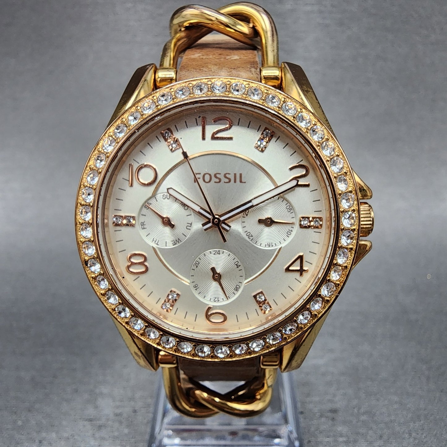 Fossil Riley Watch Women 38mm Silver Dial Rose Gold Tone Daydate Round New Batt0