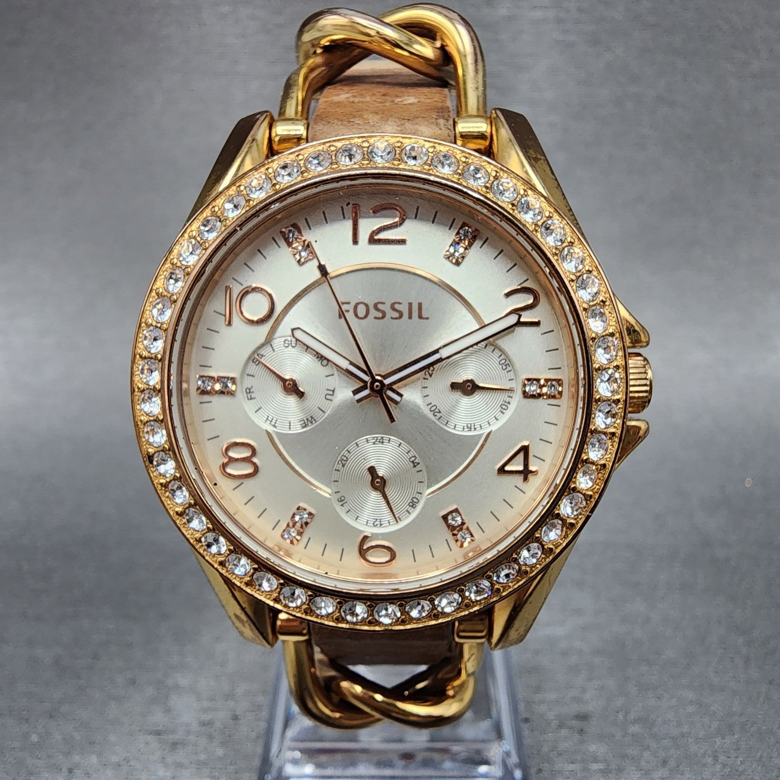 Fossil Riley Watch Women 38mm Silver Dial Rose Gold Tone Daydate Round New Batt0