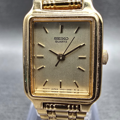 Seiko Tank Watch Women 17mm Champagne Dial Gold Rectangle V401-5129 NewBatt JEP41