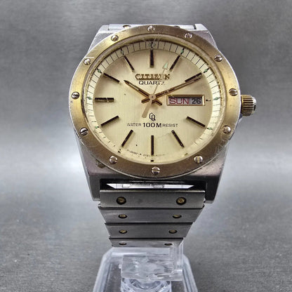 Citizen CQ Watch Men 35mm Champagne Dial Two Tone Daydate READ! 3801-450337 Runs5