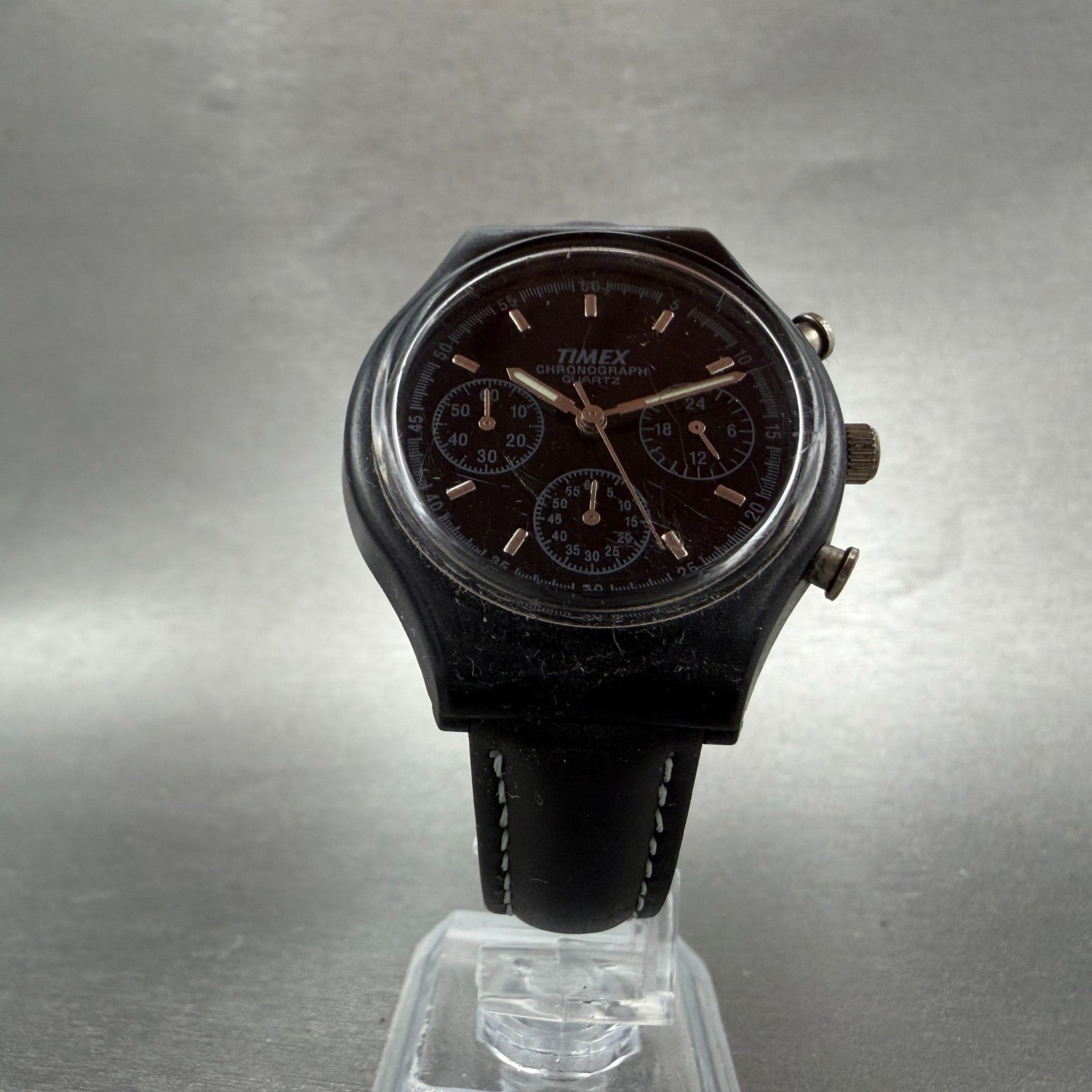 Timex Chronograph Watch Men 37mm Black Dial Black Tone Round New Battery5