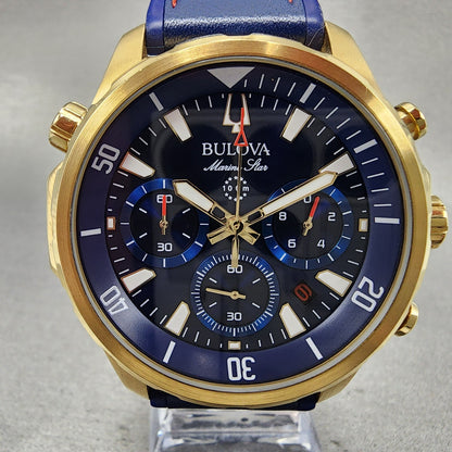 Bulova Marine Star Chronograph Watch Men 44mm Blue Dial Gold Tone Date 97B1681