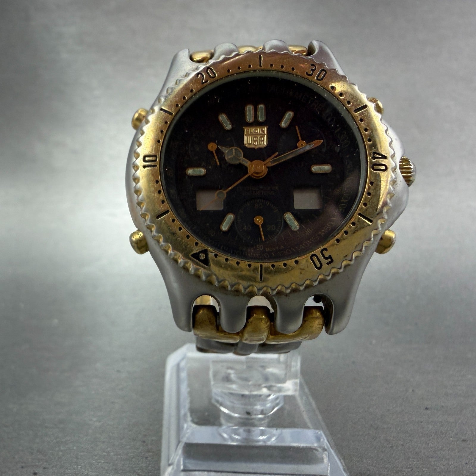 Elgin Dive Watch Men 39mm Black Dial Two Tone Ana Digi Alarm Chrono FK-698 PARTS6