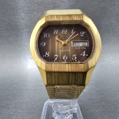 Bulova Accutron Watch Men 35mm Brown Dial Gold Tone Daydate Octagon PARTS N76