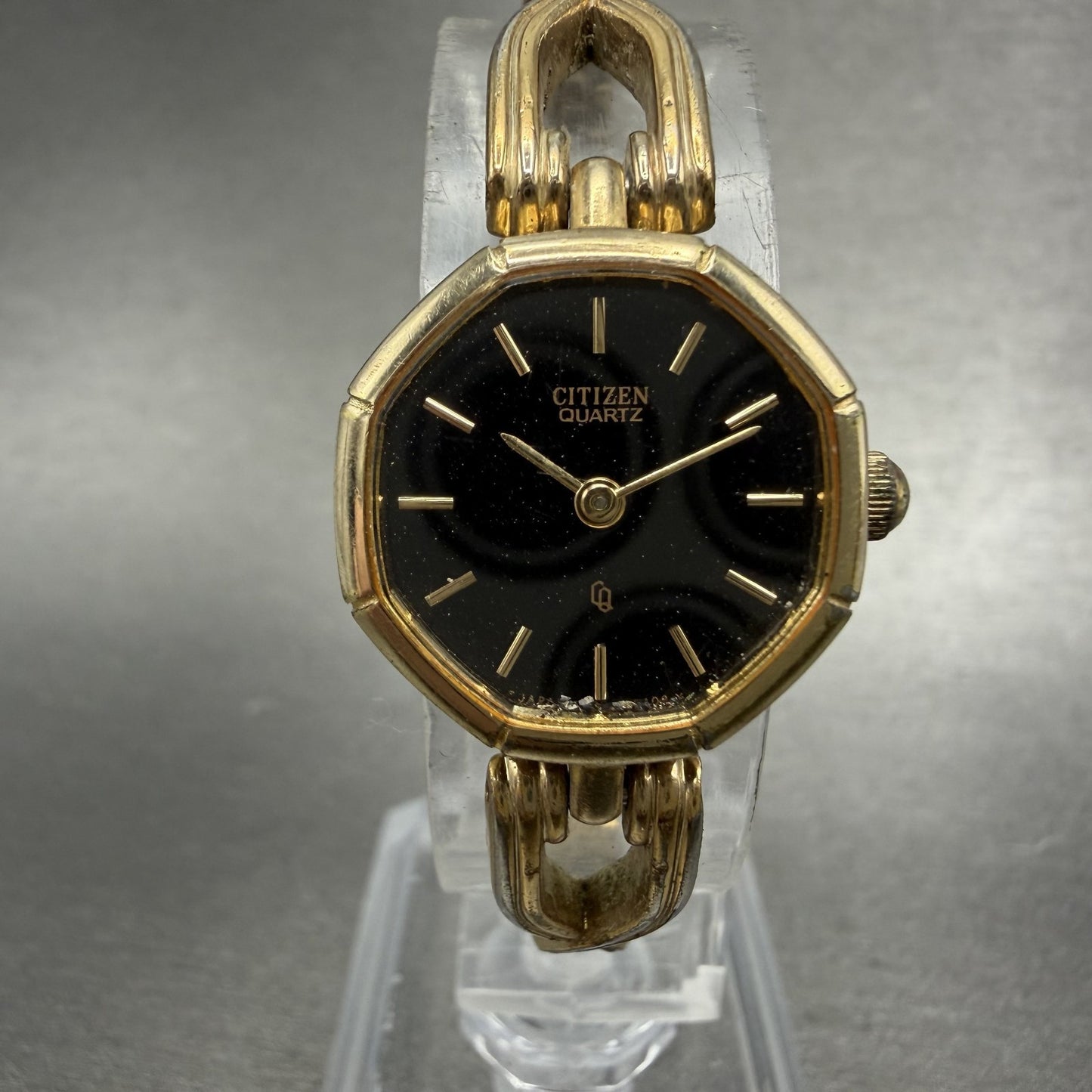 Citizen CQ Watch Women 20mm Black Dial Gold Tone Octagon 4-102444 New Battery0
