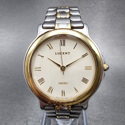 Seiko Lucent Watch Men 31mm White Dial Two Tone 5e21-6b70 New Battery