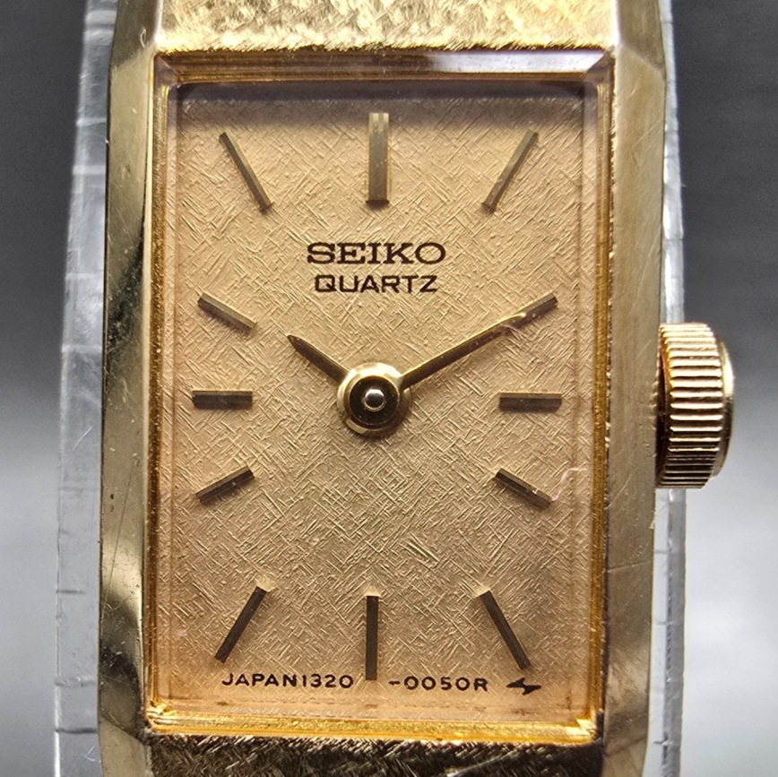 Seiko Tank Watch Women 12mm Gold Dial Gold Tone Rectangle 1320-5049 New Batt JP1