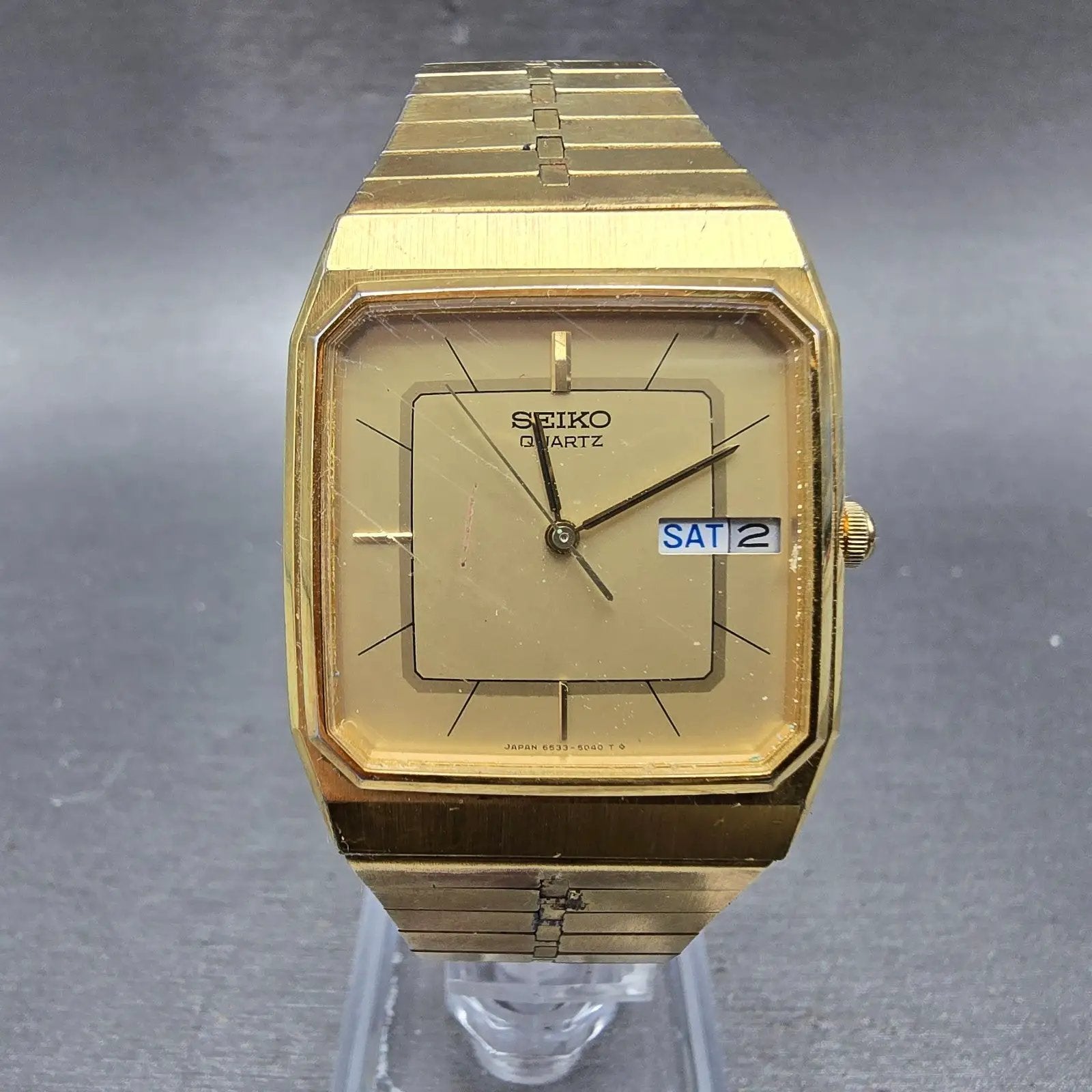 Seiko Watch Men 29mm Champagne Dial Gold Tone Daydate Square 6533-5039 PARTS NLK0