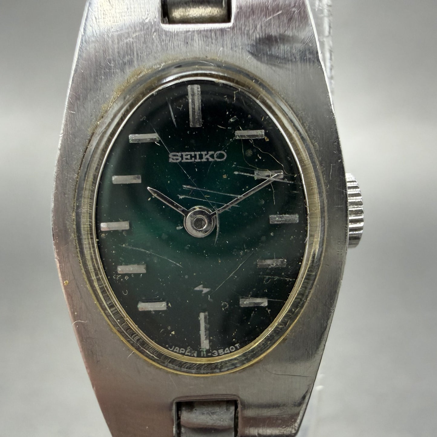 Seiko Tank Watch Women 15mm Green Dial Silver Tone Manual 11-8079 Runs1