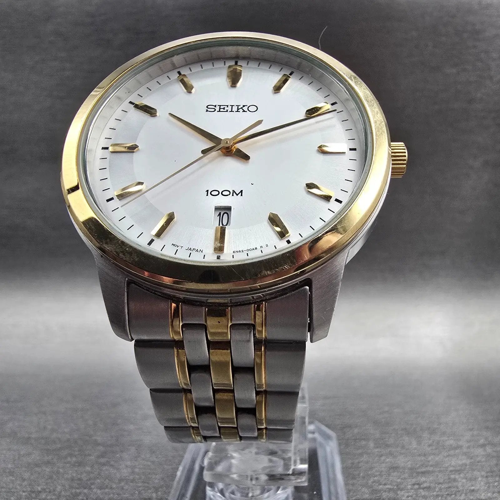 Seiko Watch Men 41mm Silver Dial Two Tone Date Round 6N42-00A0 New Battery5