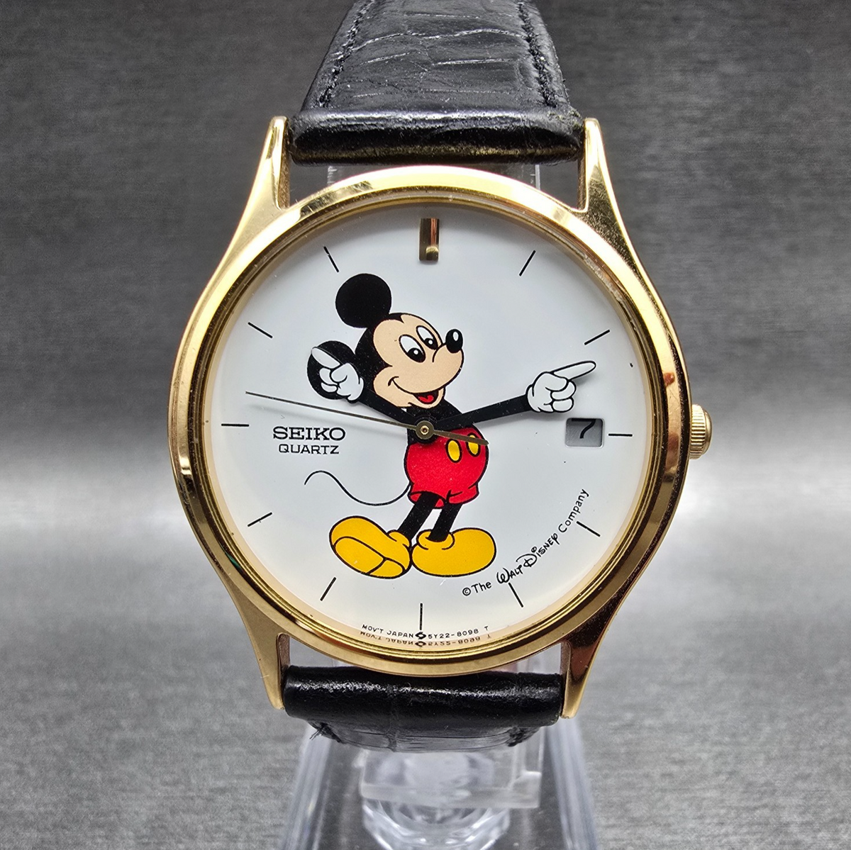 Seiko Mickey Mouse Watch Men 33mm White Dial Gold Tone Date 5V22-8039 New Batt0