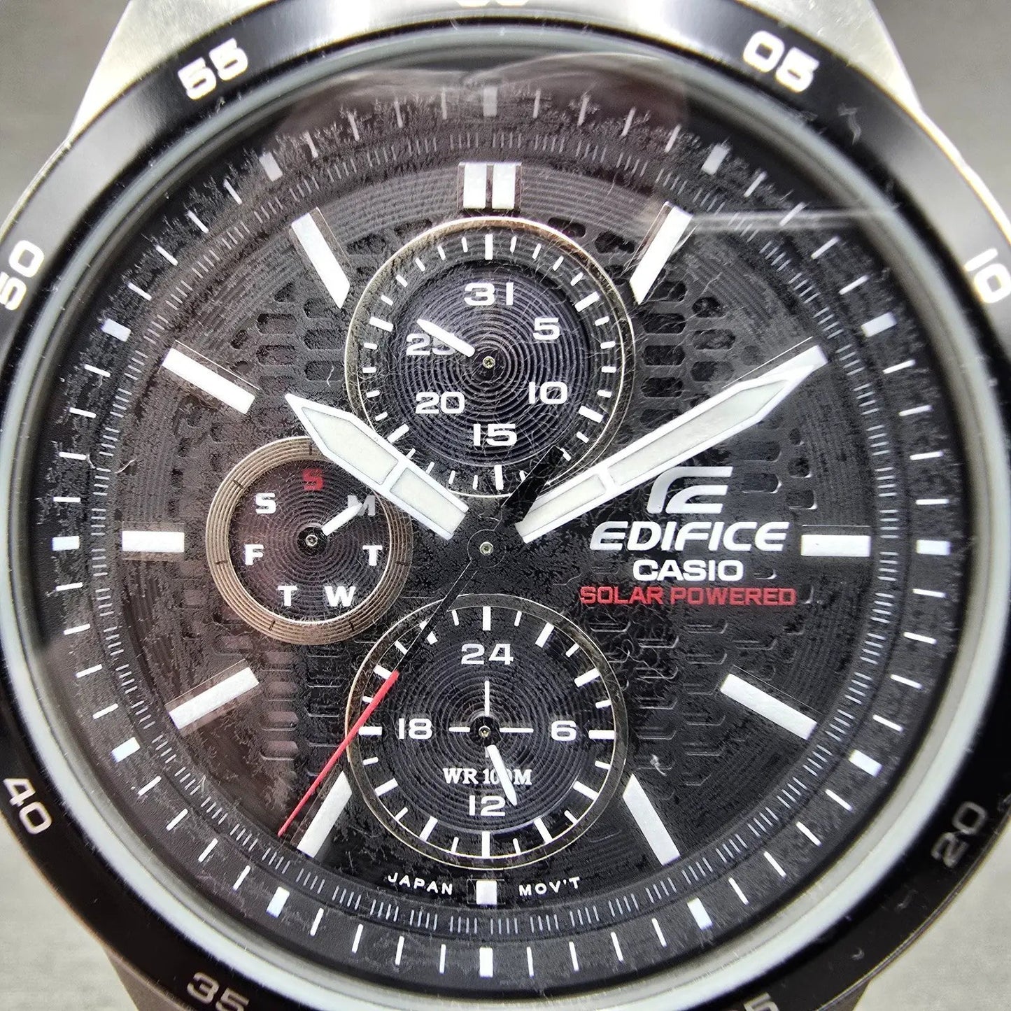 Casio Edifice Solar Watch Men 44mm Black Dial Silver Tone Daydate EF-340 Runs1