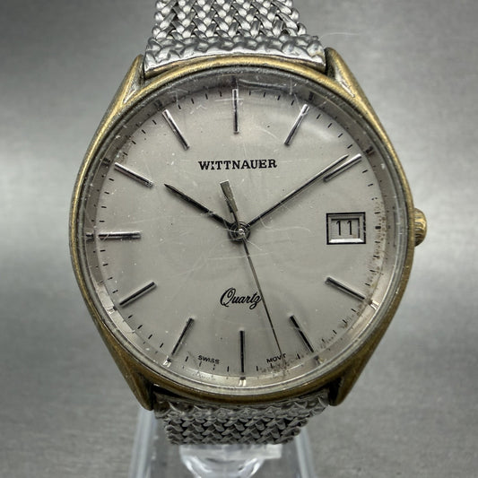 Wittnauer Watch Men 33mm Gray Dial Silver Tone Date Round Vintage PARTS0