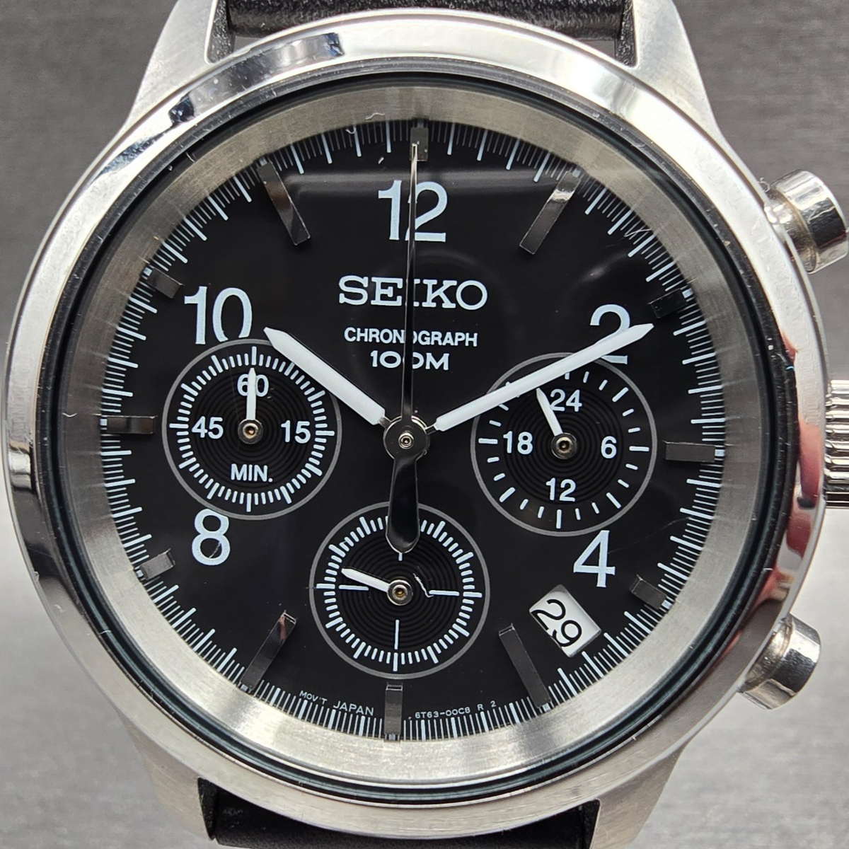 Seiko Chronograph Watch Men 40mm Black Dial Silver Tone Date 6T63-00A0 New Batt1