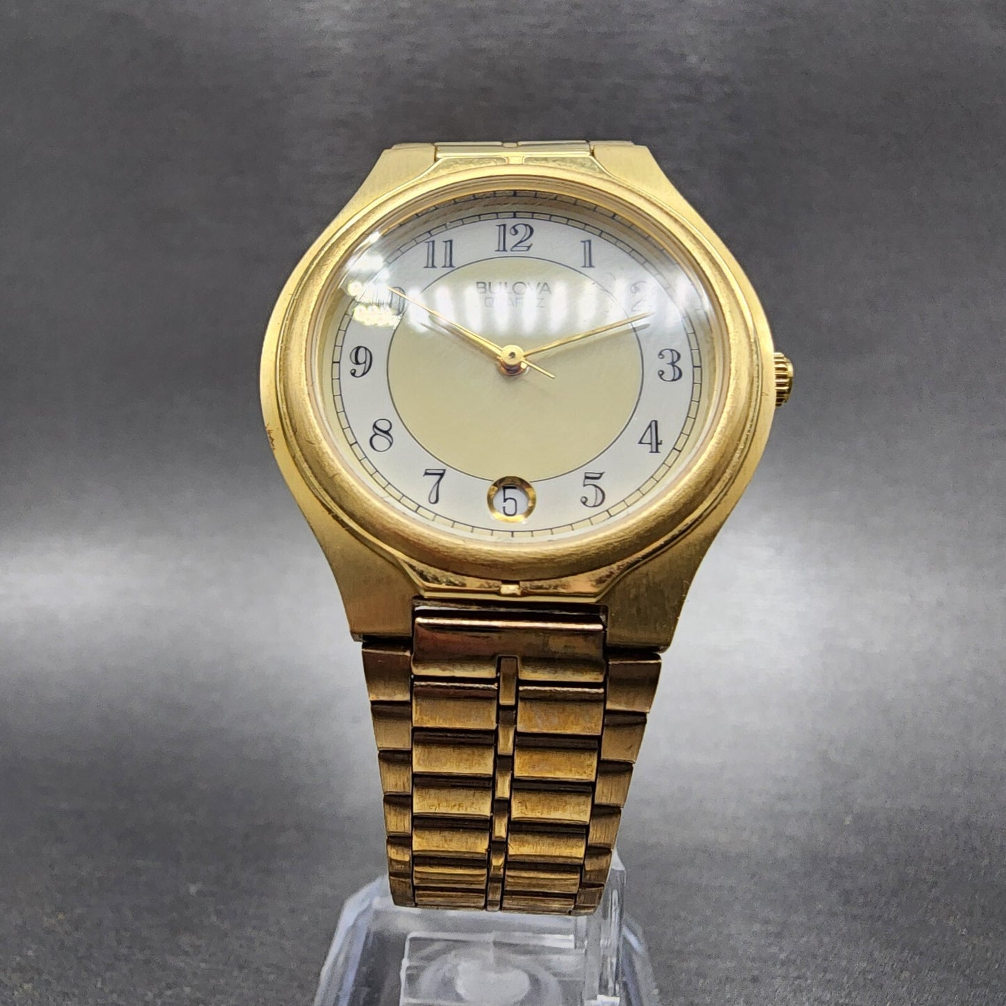 Bulova Watch Men 32mm White Dial Gold Tone Date Round 92B72 New Batt NOS8