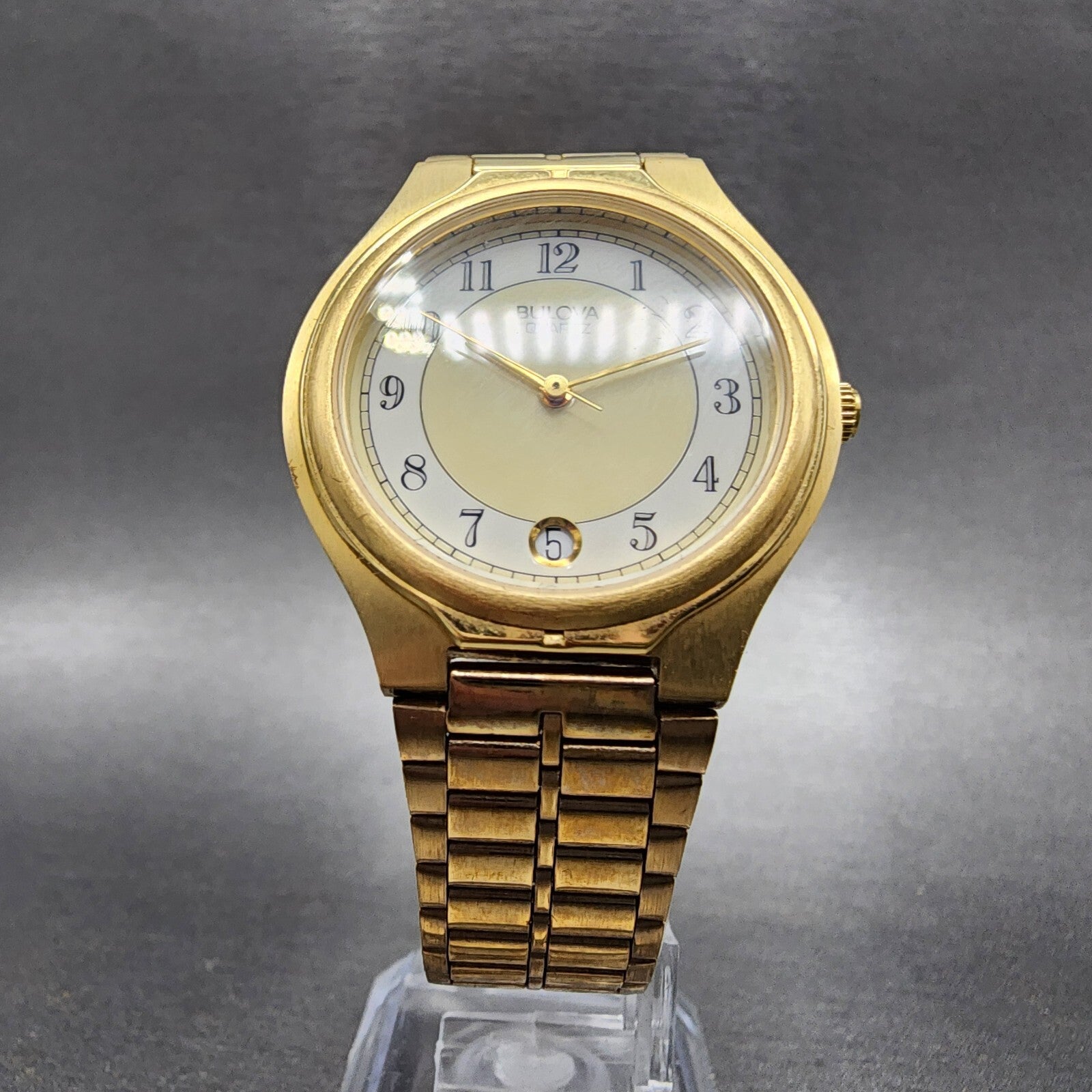 Bulova Watch Men 32mm White Dial Gold Tone Date Round 92B72 New Batt NOS8