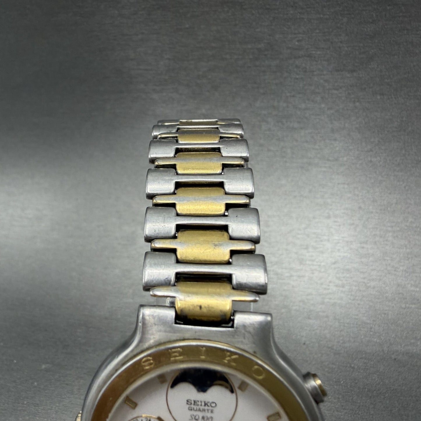 Seiko Moon Phase Watch Men 35mm White Dial Two Tone Daydate 7F38-6110 NewBattery4