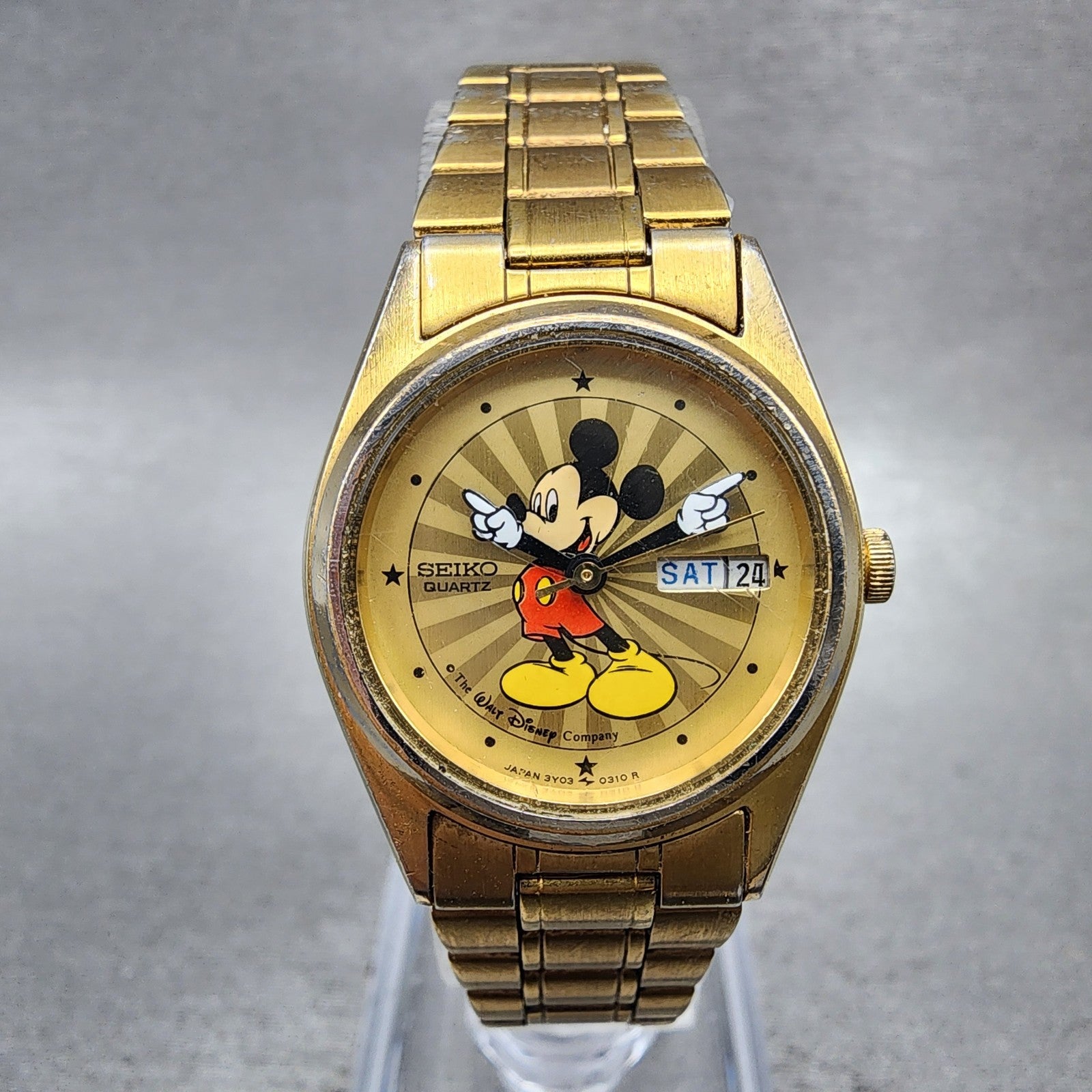 Seiko Watch Women 24mm Gold Mickey Dial Gold Tone Daydate 3y030039 New Battery0