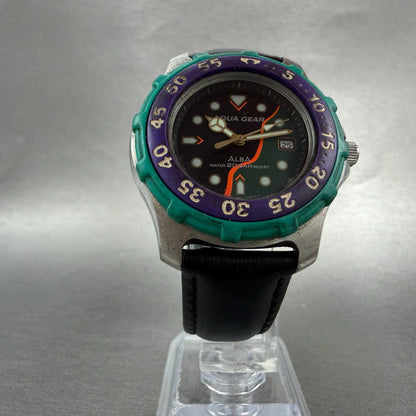 Seiko ALBA Aqua Gear Dive Watch 37mm Black&Green Dial Silver Tone Date New batt5