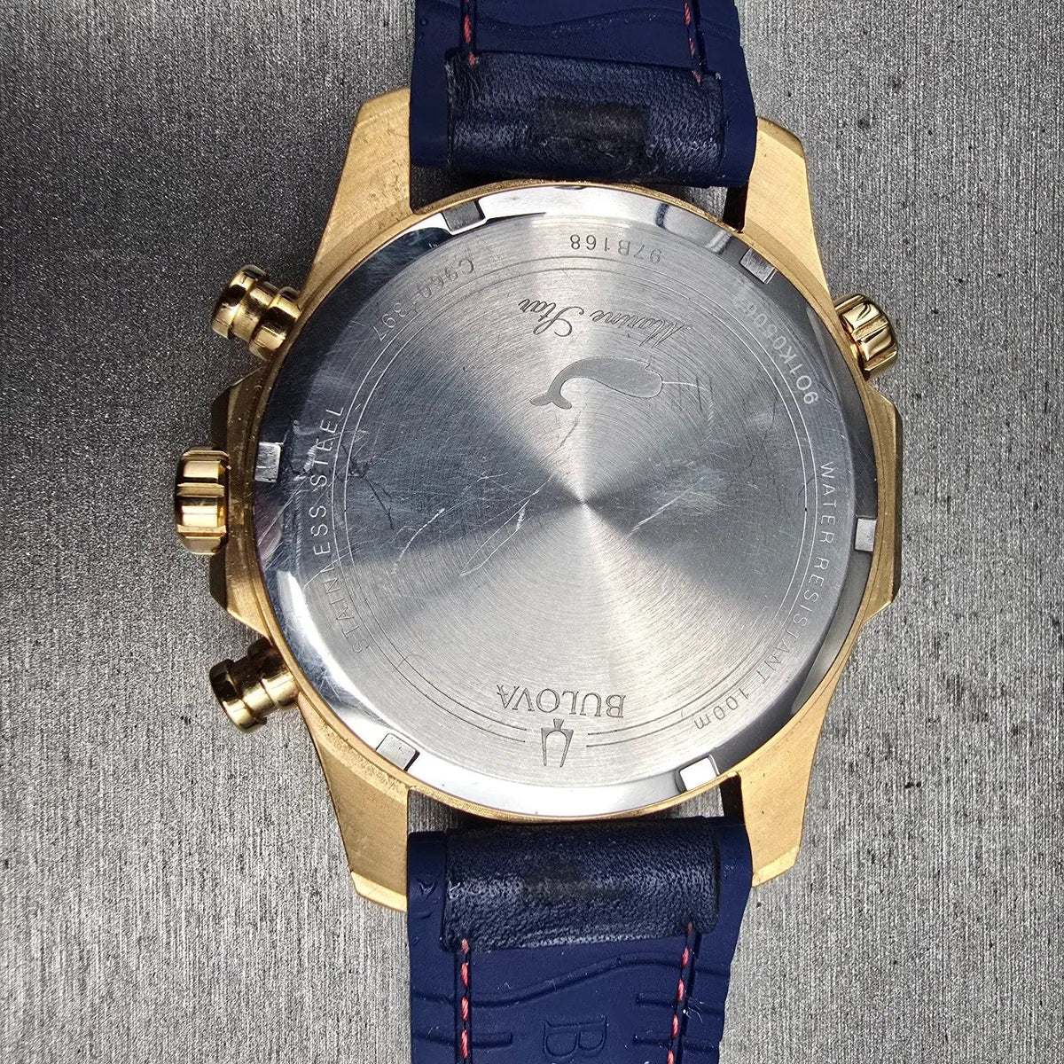 Bulova Marine Star Chronograph Watch Men 44mm Blue Dial Gold 97B168 New Battery10