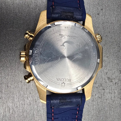 Bulova Marine Star Chronograph Watch Men 44mm Blue Dial Gold 97B168 New Battery10