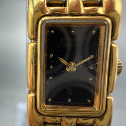 Citizen CQ Tank Watch Women 14mm Black Dial Gold Tone Rectangle New Battery VTG71