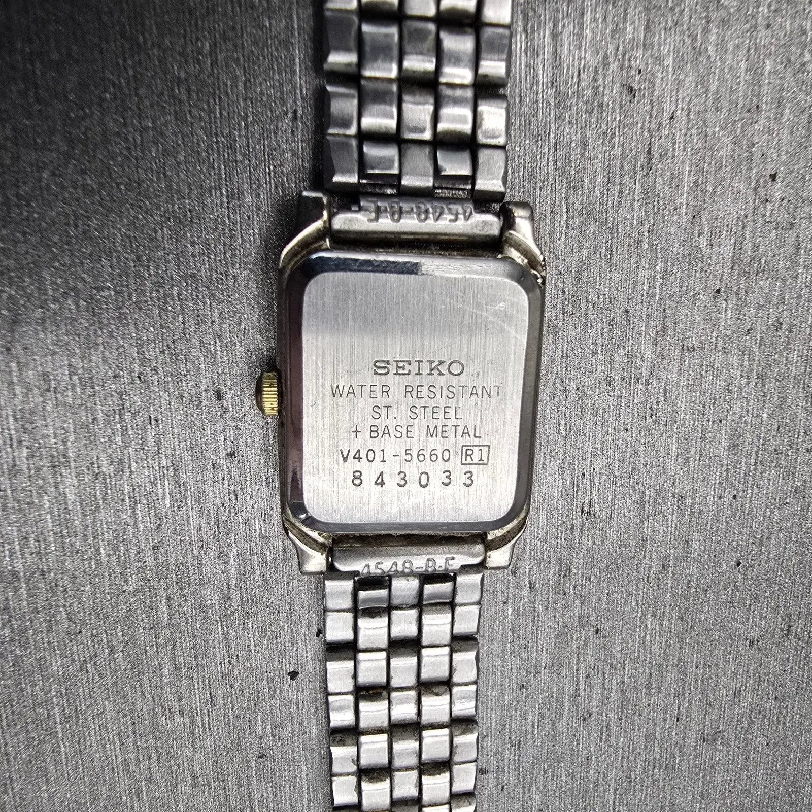 Seiko Watch Women 18mm Ivory Dial Two Tone Rectangle V401-5660 New Battery VTG10