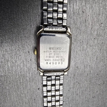 Seiko Watch Women 18mm Ivory Dial Two Tone Rectangle V401-5660 New Battery VTG10
