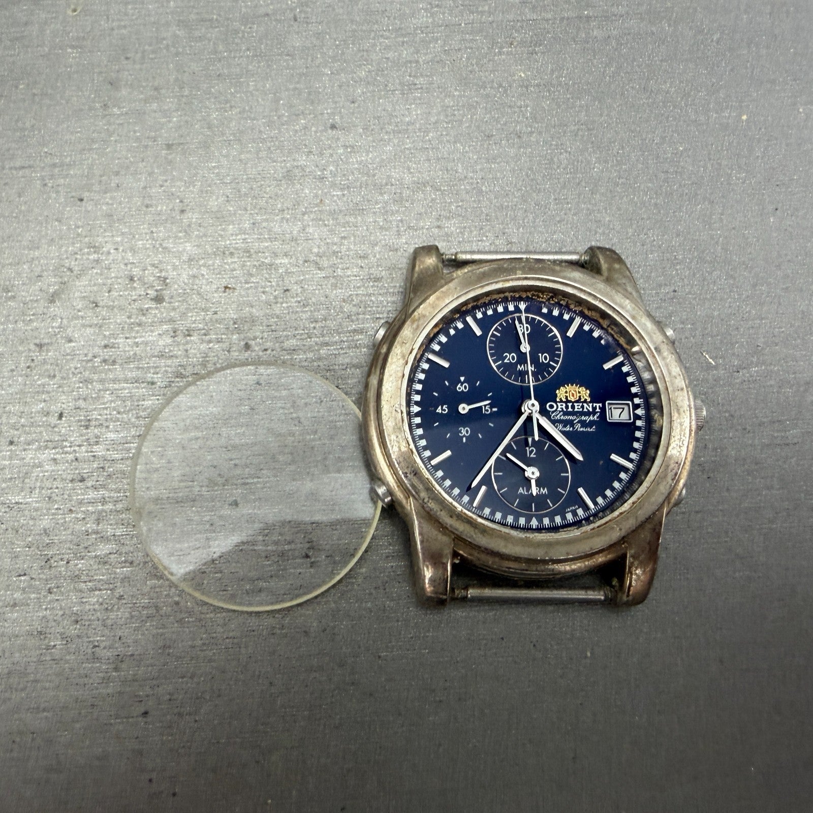Orient Chronograph Watch Men 37mm Blue Dial Silver Tone Alarm TA0A-000 PARTS0