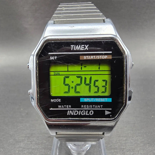Timex Indiglo Watch Men 36mm Silver Tone Black Alarm Chrono Digital New Battery0