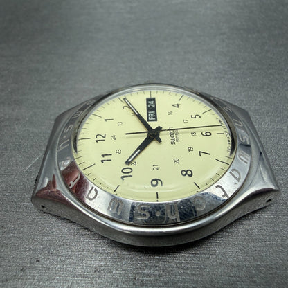 Swatch irony Pergamena Watch Men 37mm Cream Dial Steel Daydate YGS708 New Batt3