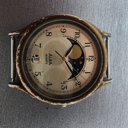 Seiko ALBA Moonphase Watch Men 31mm Champange Dial Bronze Tone Round New Battery