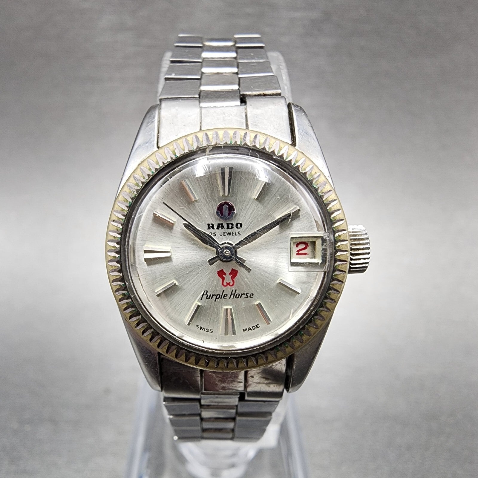 Rado Purple Horse Watch Women 22mm Silver Dial Steel Date Round Automatic Runs0