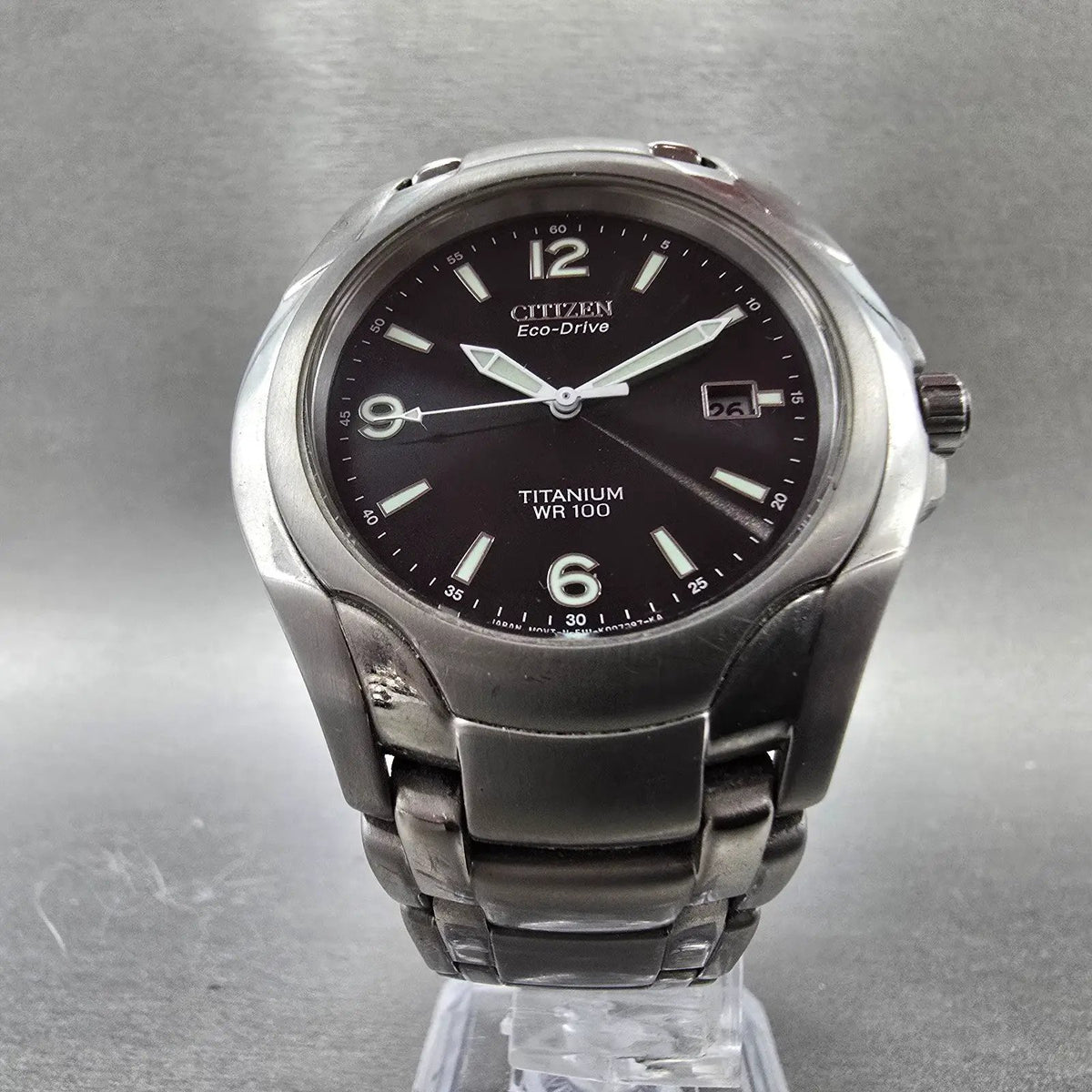 Citizen Eco-Drive Watch Men 41mm Black Dial Titanium Date E111-K006368 Runs JP435