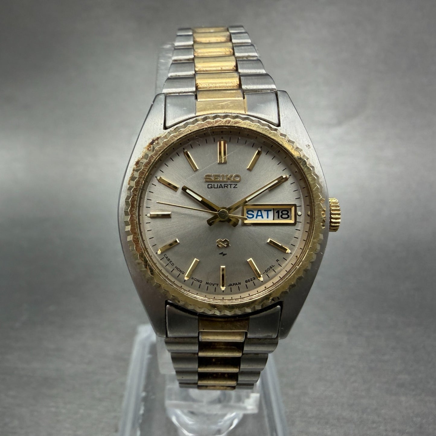 Seiko SQ Watch Women 24mm Silver Dial Two Tone Daydate 8523-0050 New Battery HJ70