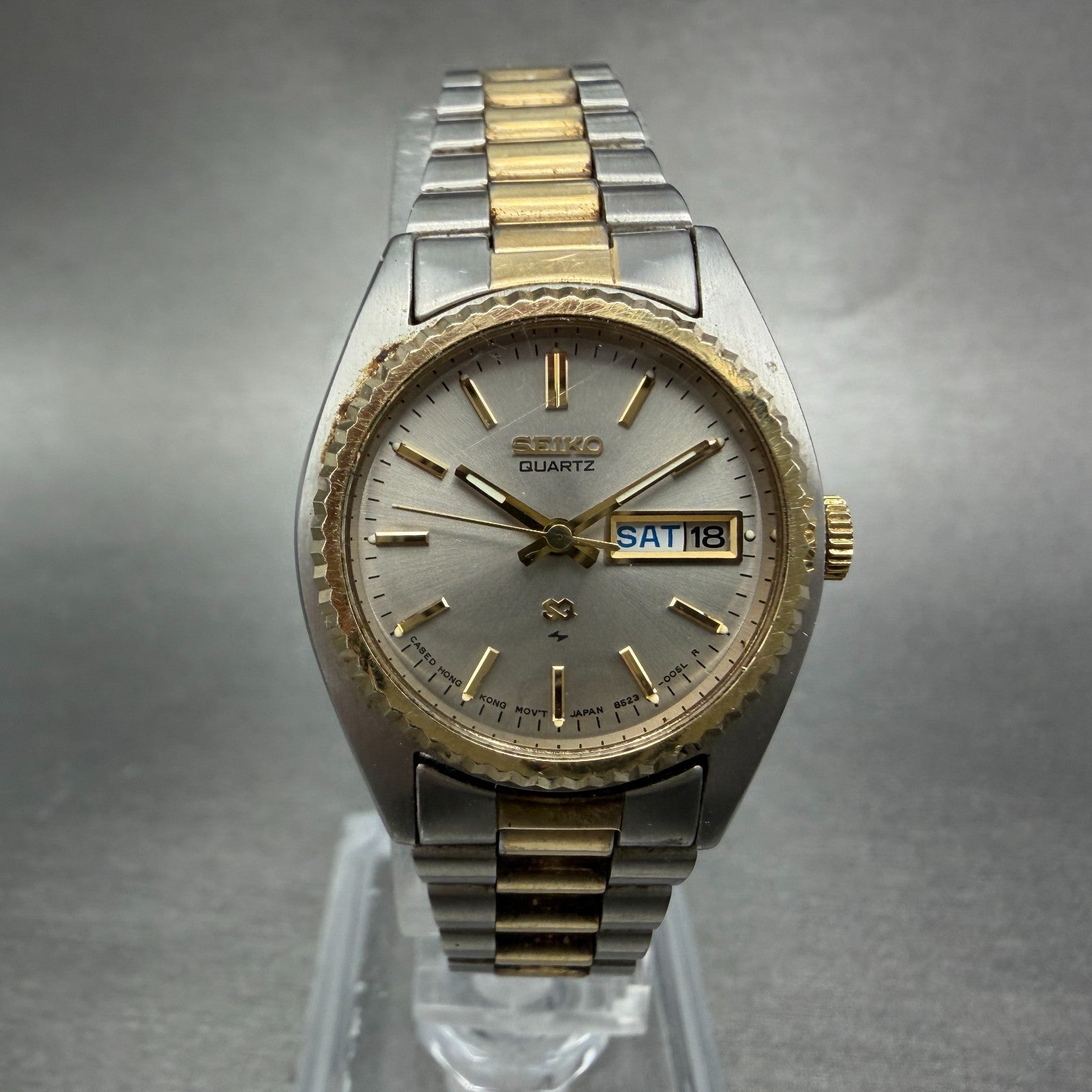Seiko SQ Watch Women 24mm Silver Dial Two Tone Daydate 8523-0050 New Battery HJ70