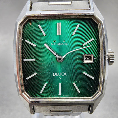 VTG Seiko Delica Tank Watch Women 25mm Green Dial Date Steel NO CRYSTAL Runs1