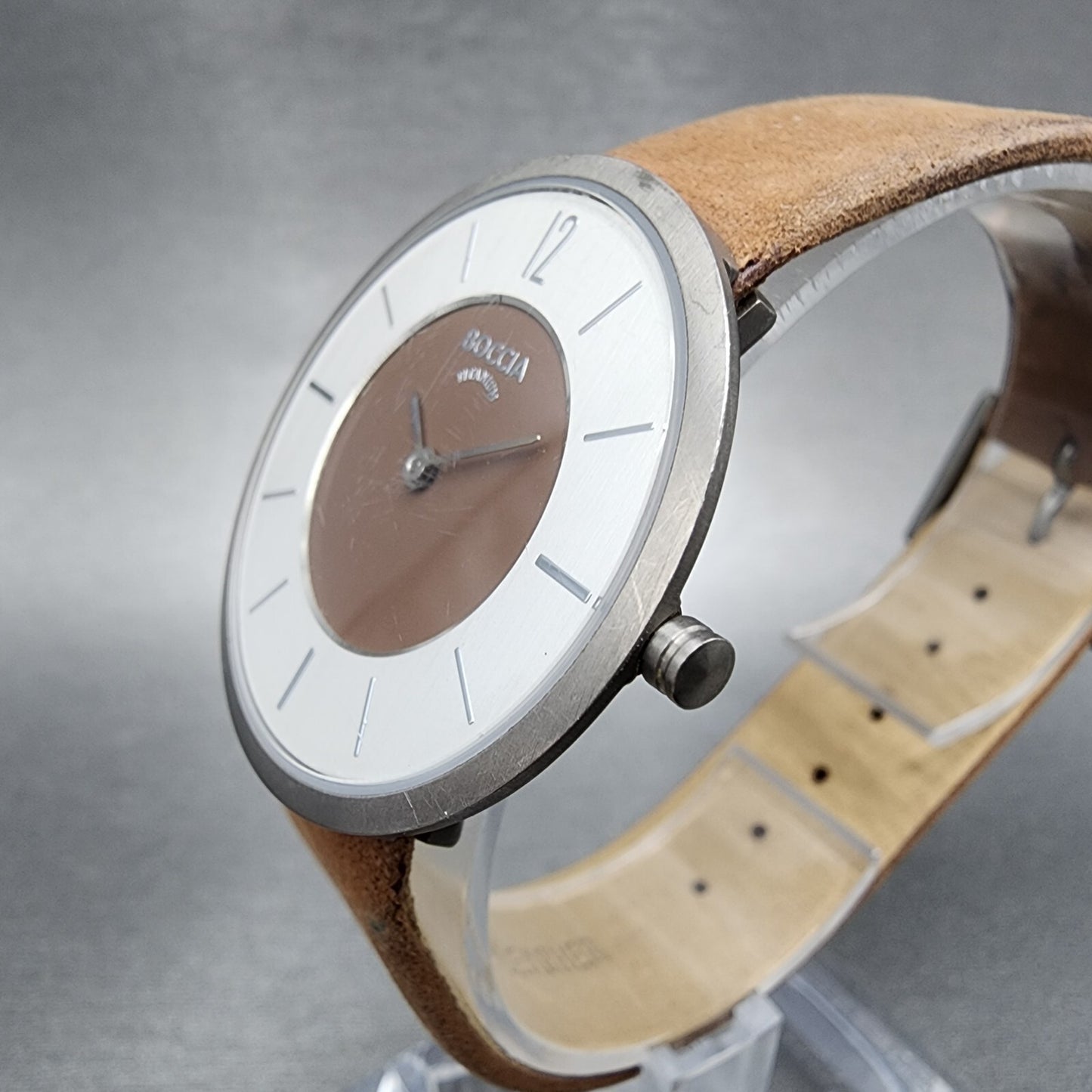 Boccia Watch Women 34mm Brown Dial Titanium Case Round Leather Band New Battery2