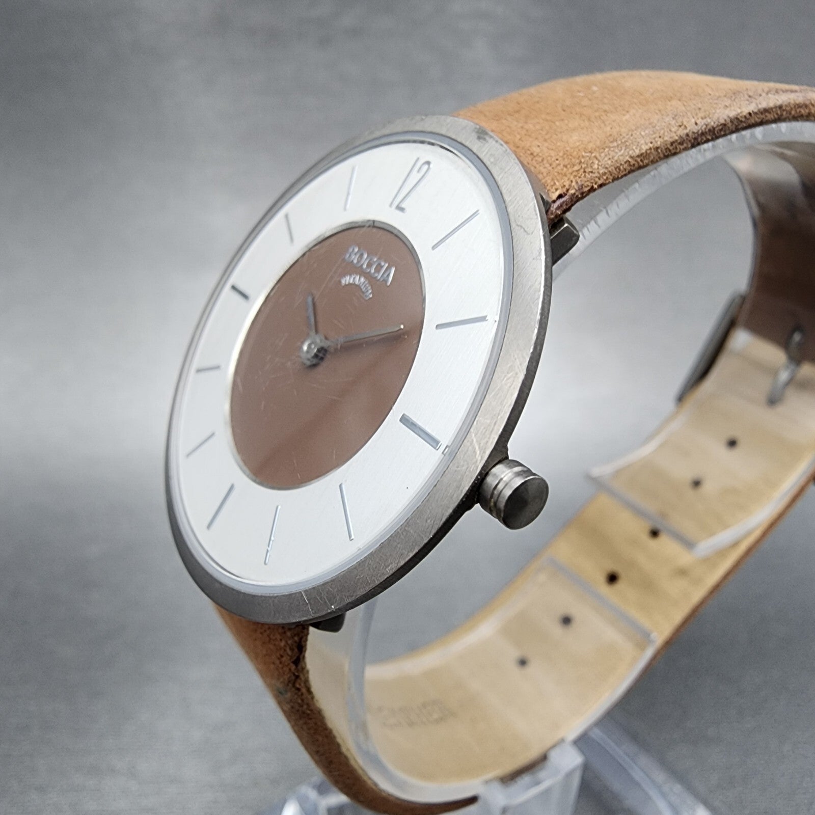Boccia Watch Women 34mm Brown Dial Titanium Case Round Leather Band New Battery2