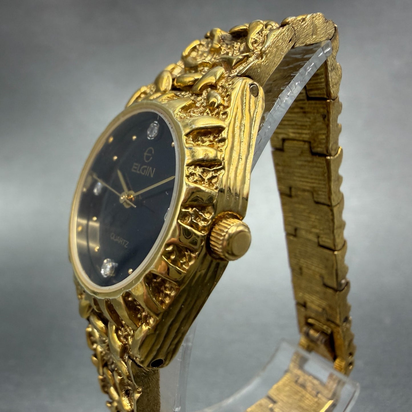 Elgin Watch Women 26mm Black Dial Gold Nugget Case Tone New Battery VTG KLJ2