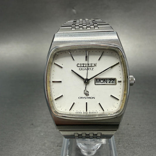 Citizen CQ Crystron Watch Men 33mm Silver Dial Steel Daydate 4-851871 NewBattery0