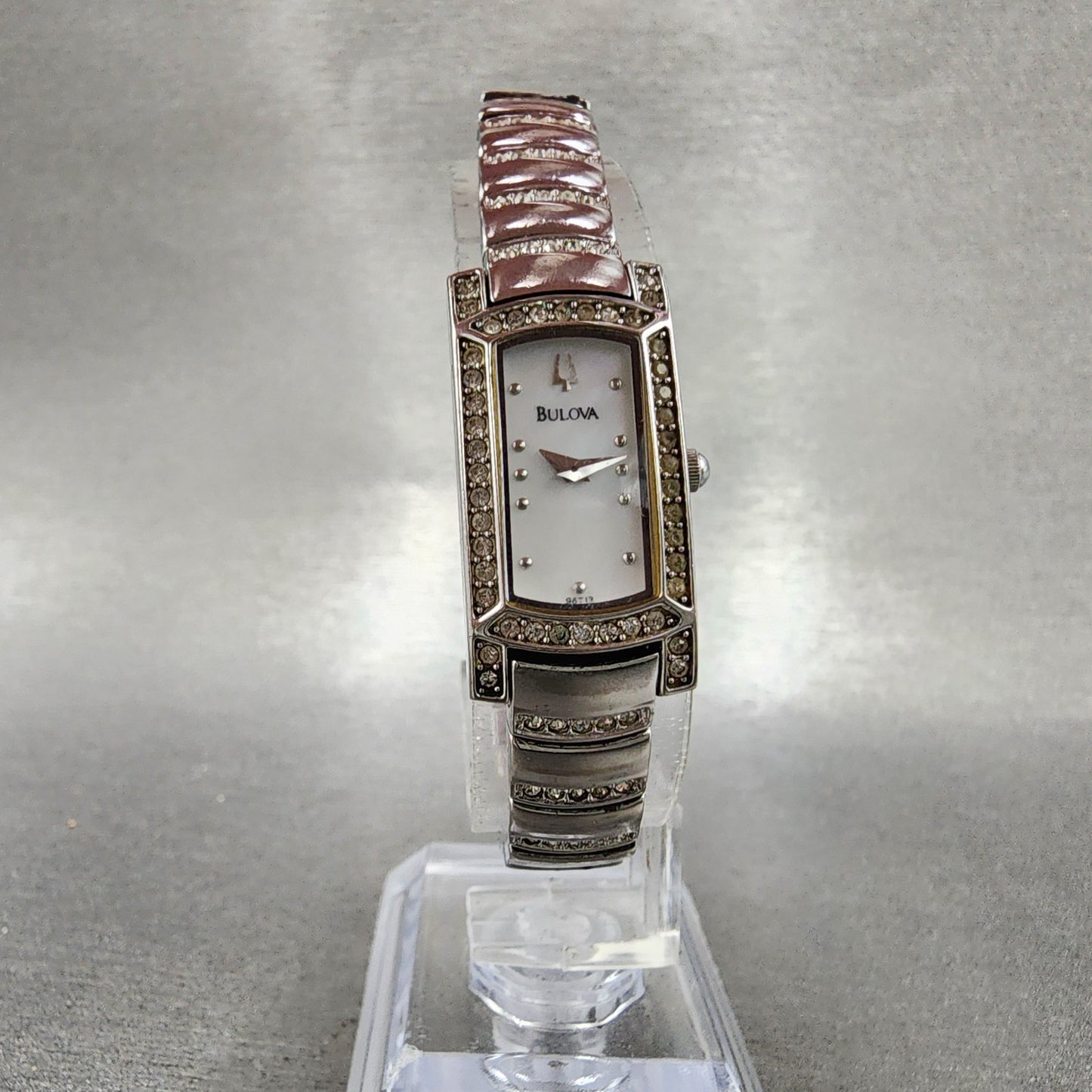 Bulova Tank Watch Women 15mm MOP Dial Silver Tone Crystal Accent 96T13 New Batt5