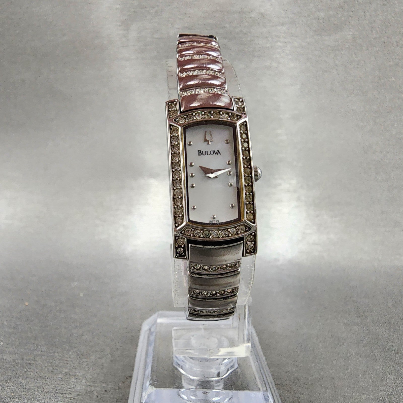 Bulova Tank Watch Women 15mm MOP Dial Silver Tone Crystal Accent 96T13 New Batt5