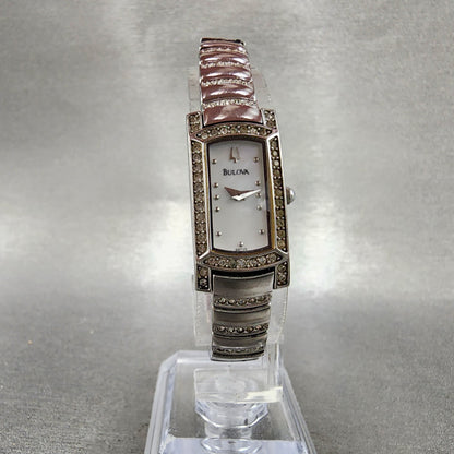 Bulova Tank Watch Women 15mm MOP Dial Silver Tone Crystal Accent 96T13 New Batt5