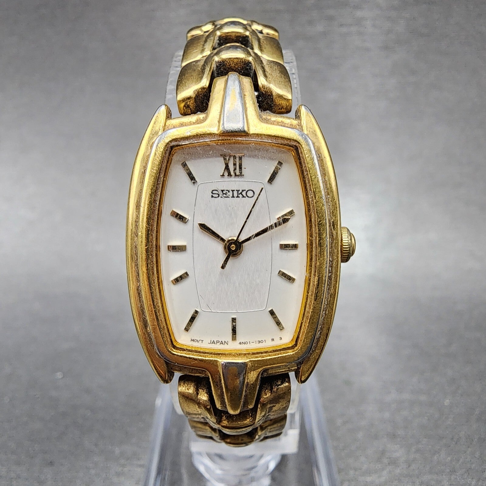 VTG Seiko Watch Women 20mm White Dial Gold Tone Rectangle 4N015100 New Battery0