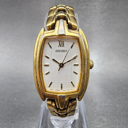 VTG Seiko Watch Women 20mm White Dial Gold Tone Rectangle 4N015100 New Battery0