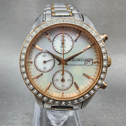 Seiko Chronograph Watch Women 34mm MOP Dial Two Tone Date 7t920mz0 New Battery0