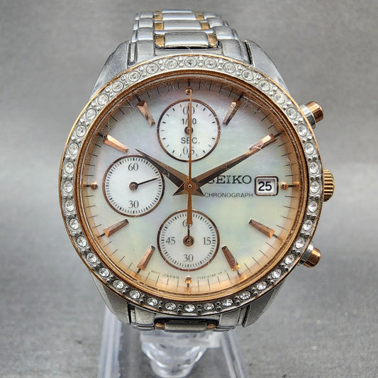 Seiko Chronograph Watch Women 34mm MOP Dial Two Tone Date 7t920mz0 New Battery0